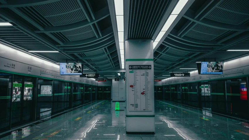 a subway train pulling into a train station, inspired by Cheng Jiasui, unsplash contest winner, interior of the hall in area 55, 4 k ], green floor, zezhou chen
