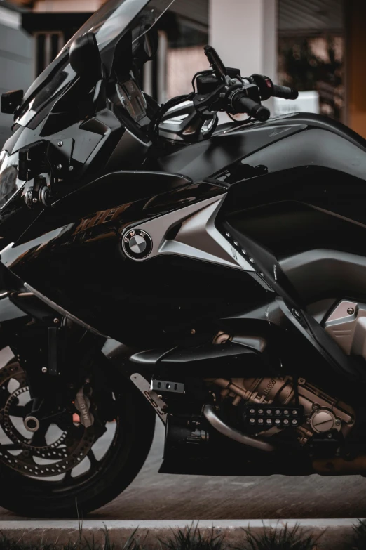 a black motorcycle parked in front of a building, in front of a black background, profile image, bmw, intricate wrinkles