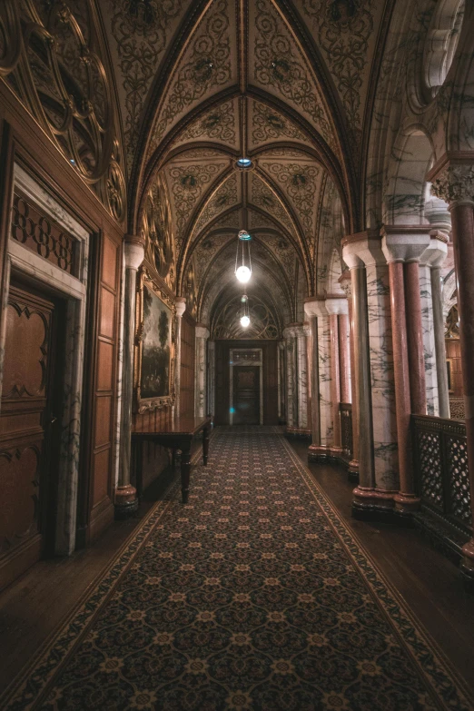 a long hallway with a chandelier hanging from the ceiling, inspired by Sydney Prior Hall, unsplash contest winner, baroque, 2 5 6 x 2 5 6 pixels, epic castle with tall spires, patterned tilework, brown