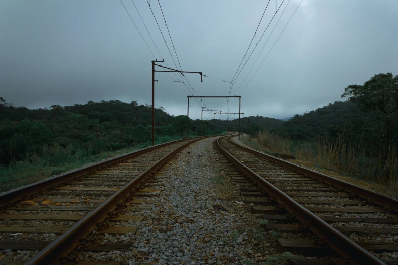 a couple of train tracks that are next to each other, by Elsa Bleda, hyperrealism, gray sky, landscape photo