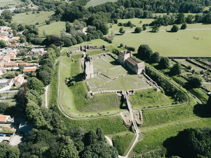 an aerial view of a castle near the city