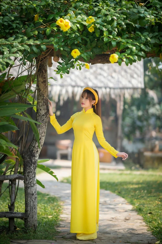 a woman in a yellow dress standing under a tree, ao dai, standing in a botanical garden, square, vivid)