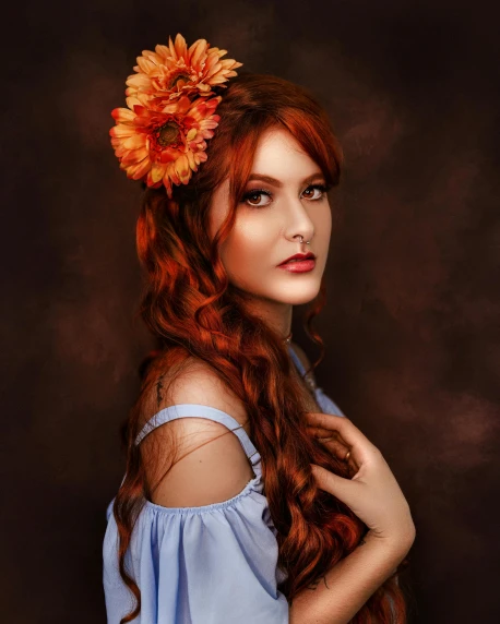 a woman with long red hair and a flower in her hair, a colorized photo, shutterstock contest winner, non binary model, she has long orange brown hair, portrait lighting, hair : long brown