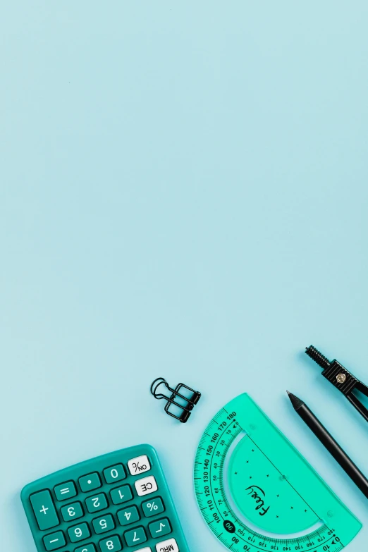 a desk with a calculator, pencils and a calculator on it, trending on pexels, visual art, black and teal paper, blue: 0.5, surgical implements, no - text no - logo