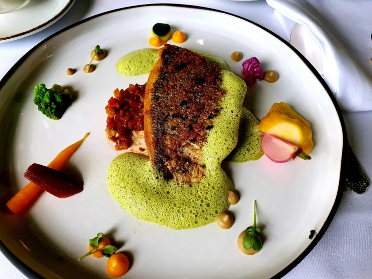 a close up of a plate of food on a table, pexels contest winner, renaissance, blue-green fish skin, gushy gills and blush, conde nast traveler photo, plated arm