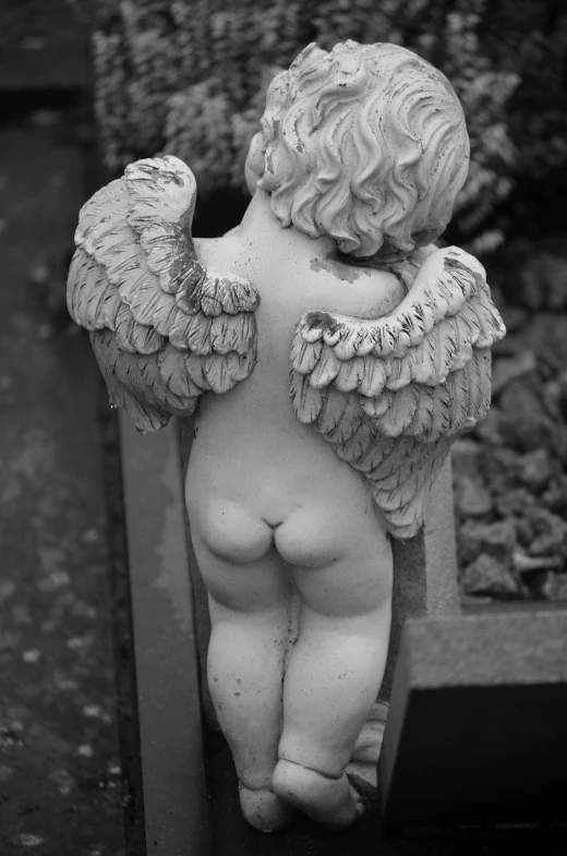 a statue of an angel sitting on a bench, by Marie Angel, nsfw, top down view, back and white, cherub
