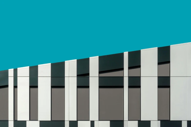 a black and white building with a blue sky in the background, a minimalist painting, inspired by Bauhaus, unsplash, minimalism, white and teal metallic accents, square lines, highly detailed composition, color ( sony a 7 r iv