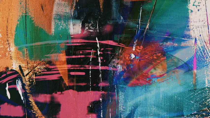 a close up of a painting on a wall, inspired by Richter, pexels, abstract expressionism, pink and teal and orange, style of adrian ghenie, (night), technicolour 1