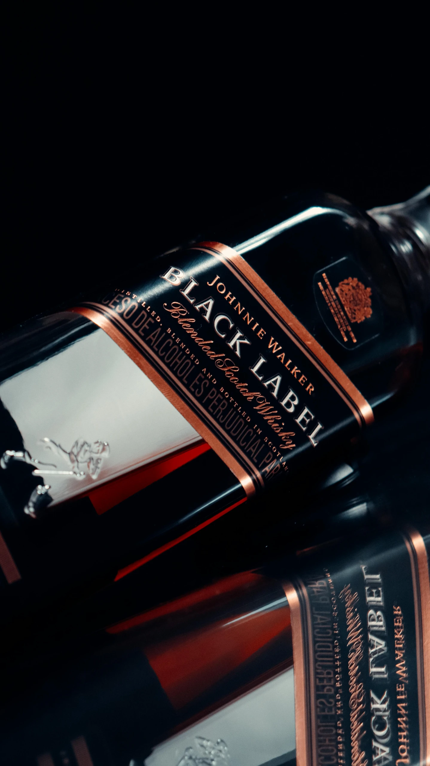 a bottle of whisky sitting on top of a table, a digital rendering, unsplash, photorealism, jet - black skin, beautiful labels, black widow, thumbnail