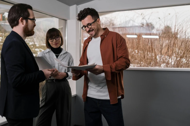 two men and a woman standing in front of a window, a cartoon, by Adam Marczyński, pexels contest winner, wearing a suit and glasses, selling insurance, in house, “hyper realistic