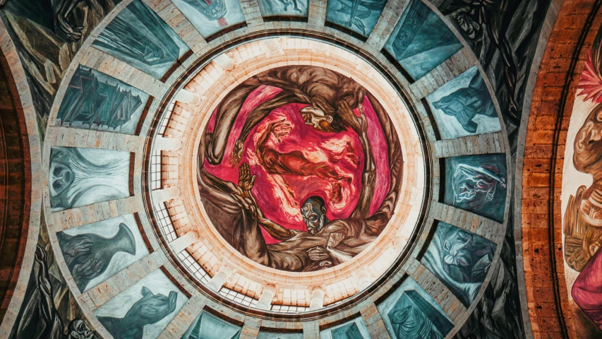 a painting on the ceiling of a building, by José Clemente Orozco, pexels contest winner, nuclear art, ouroboros, human bodies intertwined, pink marble building, mexico