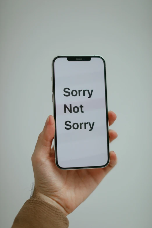 a person holding a phone that says sorry not sorry, pexels, hypermodernism, thumbnail, iphone 12, pathetic robot, studio shot