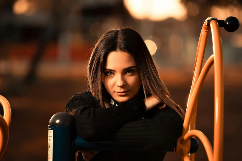 a woman sitting on a bench next to a fire hydrant, a portrait, by Niko Henrichon, pexels contest winner, portrait of demi rose, portrait soft low light, cute fine face, avatar image