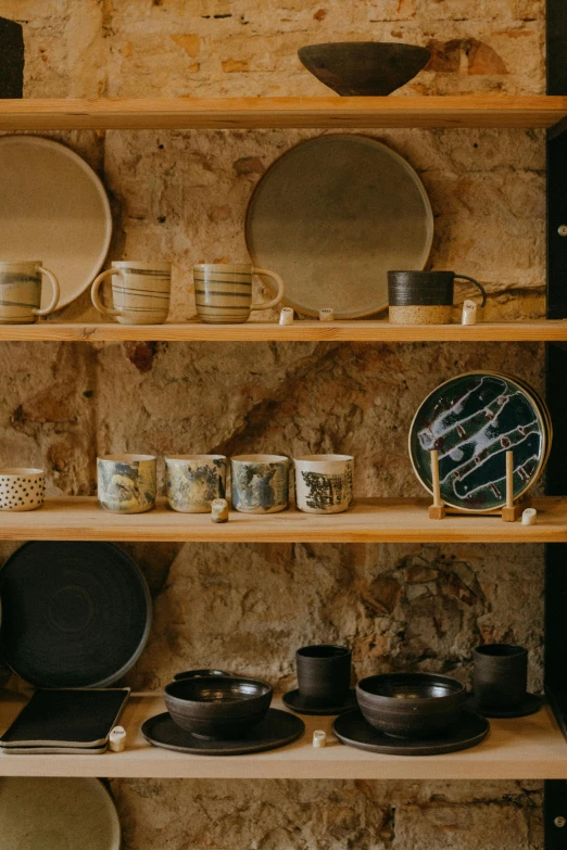 a bunch of plates and bowls on a shelf, a portrait, trending on unsplash, cave setting, shop front, shot with premium dslr camera, terrain