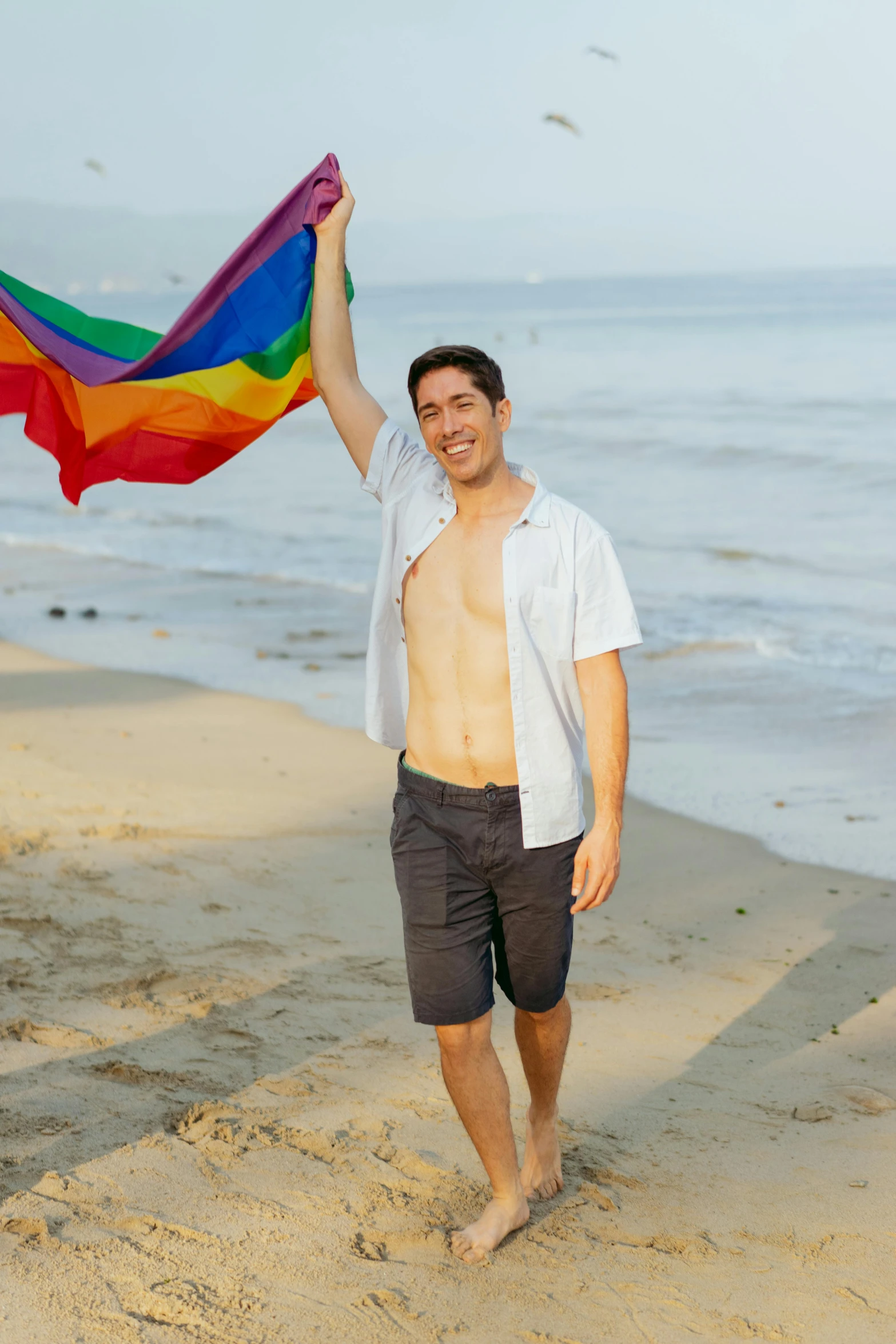 a man holding a rainbow colored kite on a beach, by Adam Dario Keel, holding a white flag, handsome chad chin, flags, avatar image