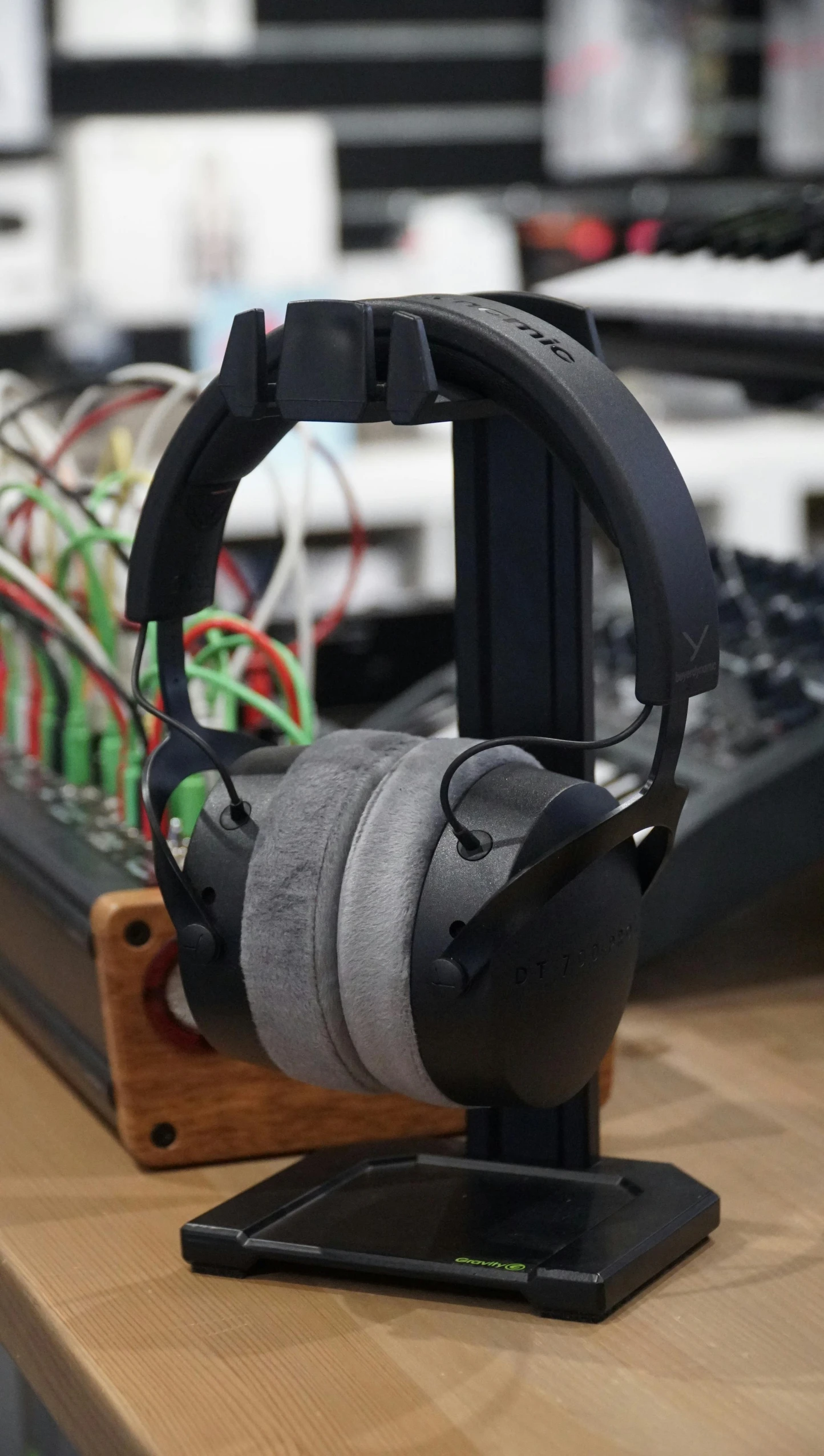 a desk with a keyboard and headphones on it, adafruit, mixed materials, grey, portrait n - 9