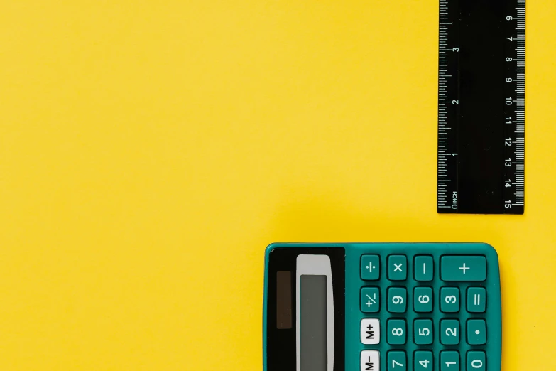 a calculator and a ruler on a yellow background, by Julia Pishtar, pexels, analytical art, teal aesthetic, schools, cover shot, 15081959 21121991 01012000 4k