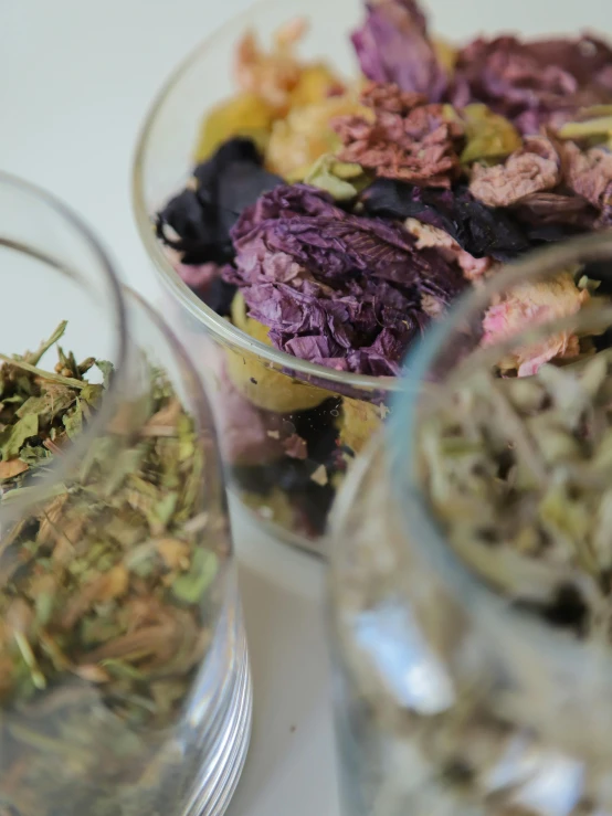 a close up of a bowl of dried flowers, by Jessie Algie, teapots, some green and purple, 4 2 0, infused