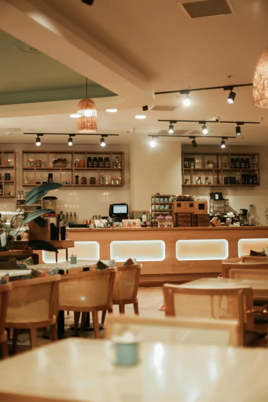 a restaurant filled with lots of wooden tables and chairs, trending on unsplash, happening, bakery, background image, soft lighting colors scheme, android coffee shop