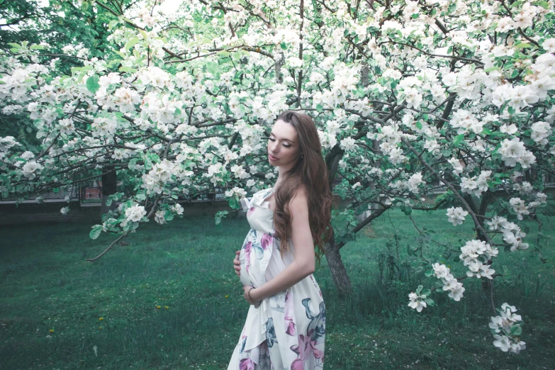 a pregnant woman standing in front of a flowering tree, inspired by Konstantin Somov, pexels contest winner, renaissance, alexa grace, attractive girl, midsommar, music video