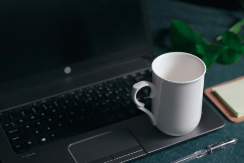 the cup is on the desk beside the computer