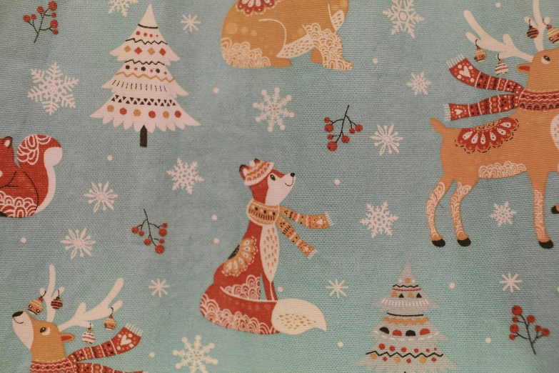 a pattern of reindeers and snowflakes on a blue background, by Zofia Stryjenska, naive art, ripped fabric, of a fox wearing a santa hat, detailed trees, dogs