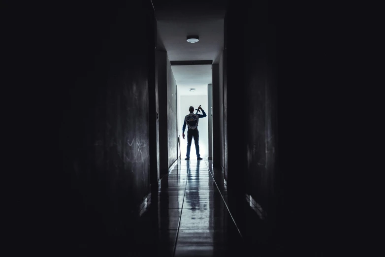 a silhouette of a person standing in a dark hallway, inspired by John Carpenter, pexels contest winner, holding a weapon, instagram picture, apartment hallway, scary photo