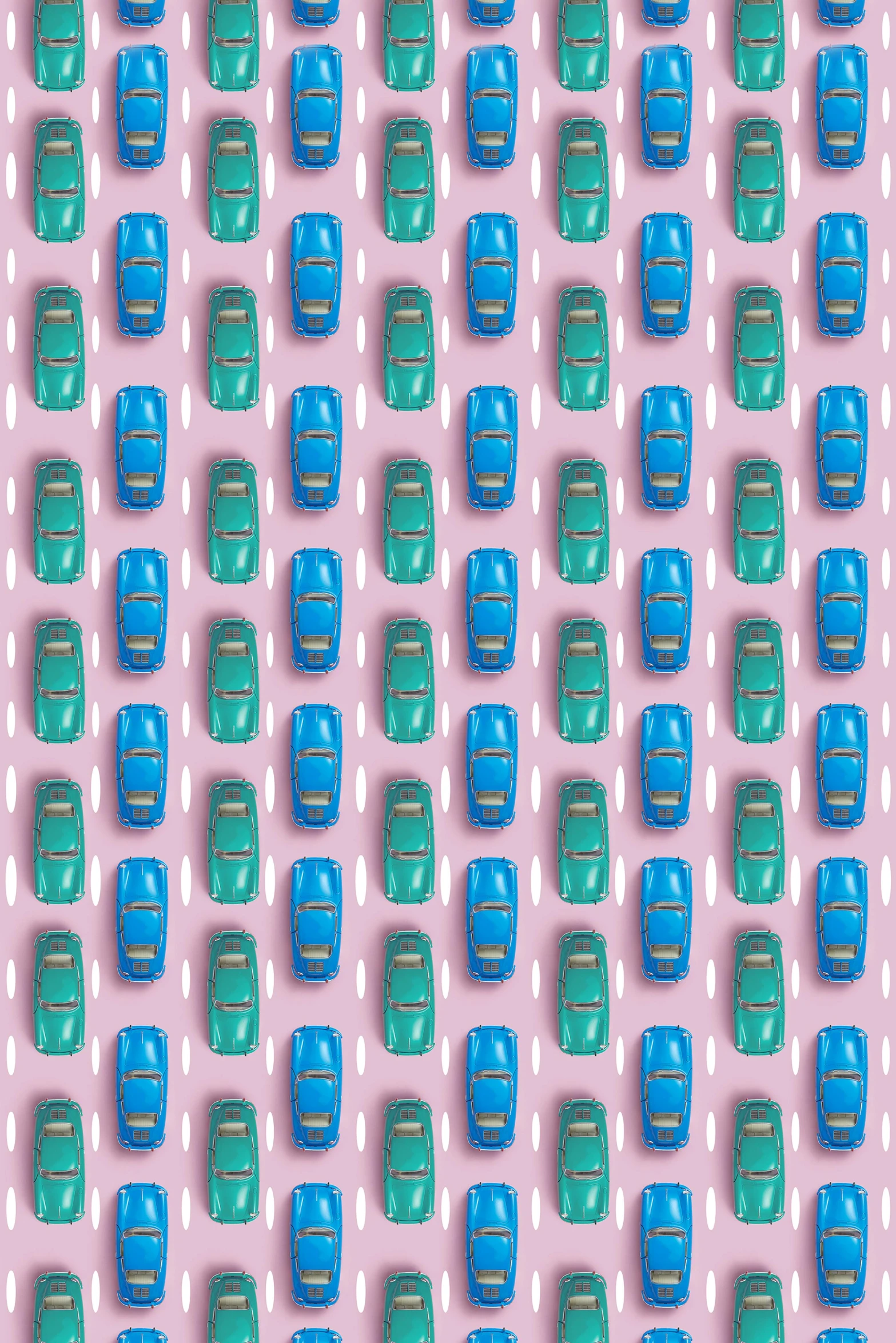 a blue and green pattern on a pink background, inspired by Tom Wesselmann, trending on unsplash, maximalism, cars parked, tilt-shifted, normal map, car traffic