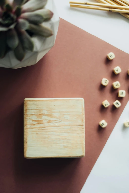 a wooden block sitting on top of a table next to a plant, a picture, trending on unsplash, dices, letterboxing, square lines, blank