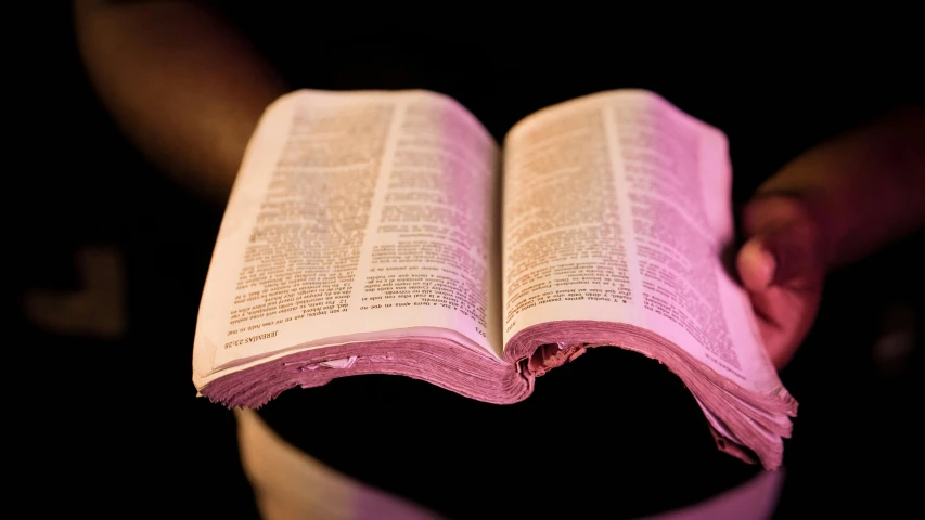 a person holding an open book in their hand, unsplash, unilalianism, covered in pink flesh, biblical image, thumbnail, purple and pink