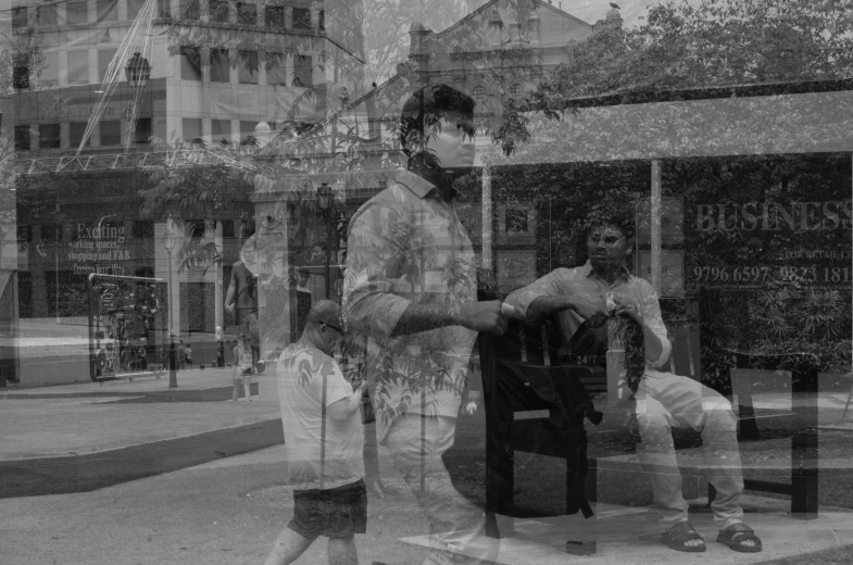 a black and white photo of two men sitting on a bench, a black and white photo, inspired by Vivian Maier, pixabay, realism, statue made of glass, glitchy, in sao paulo, many reflections