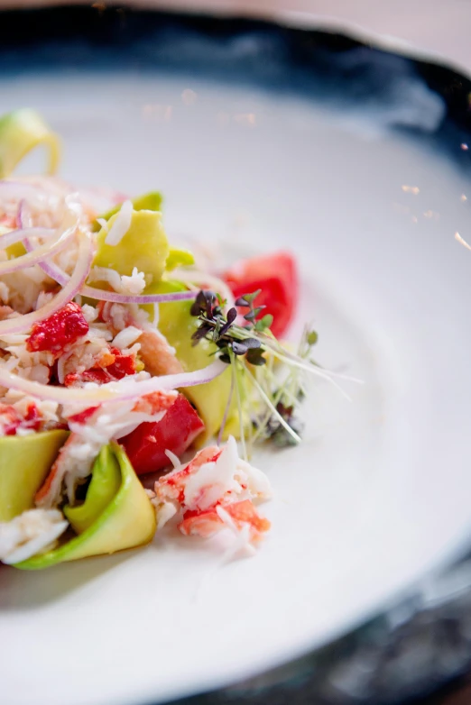 a close up of a plate of food on a table, crab, slide show, salad, square