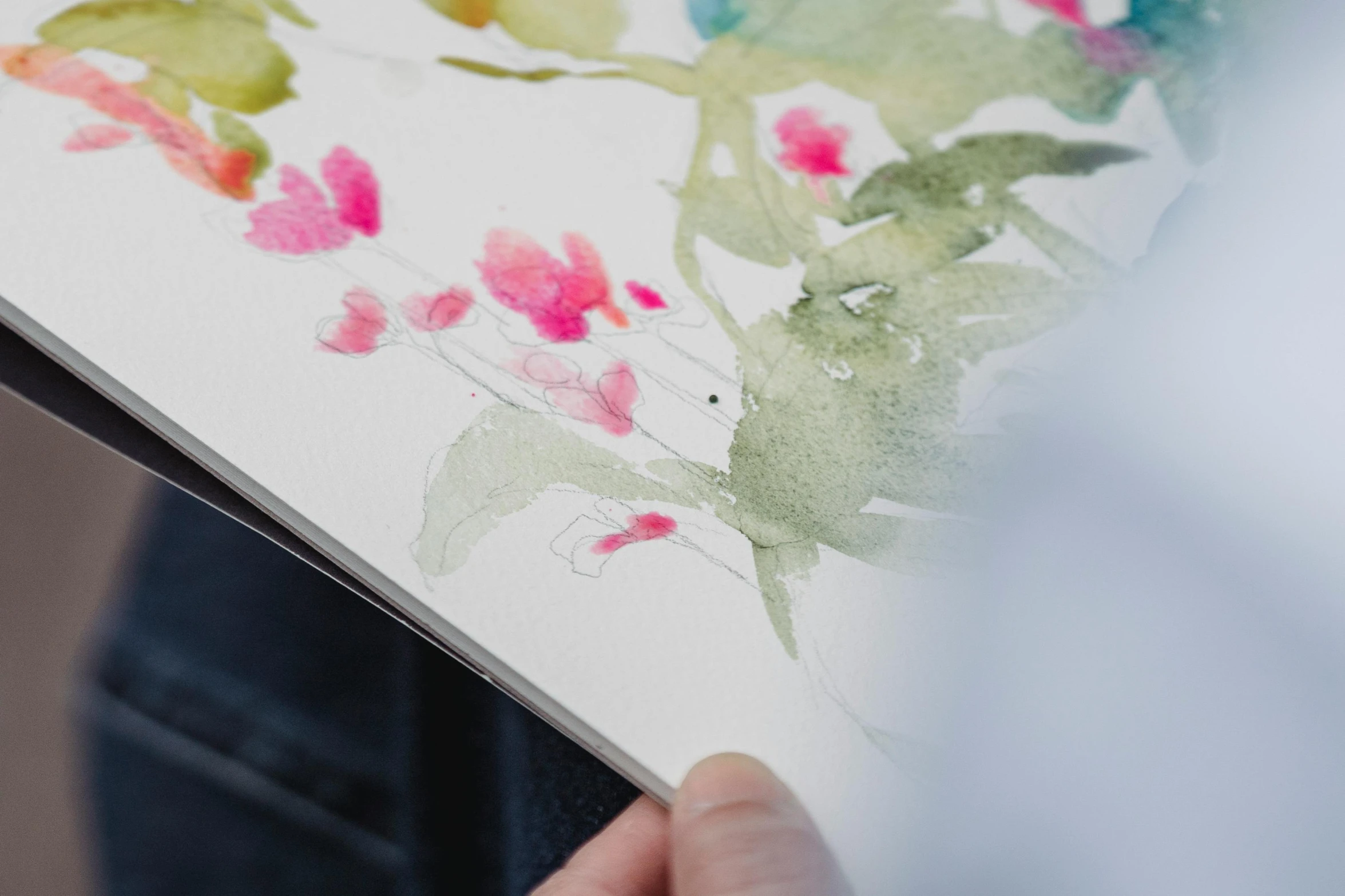 a person holding a piece of paper with watercolor flowers on it, inspired by Johannes Mytens, trending on unsplash, detail shot, low detail, loose pages, detailed product image