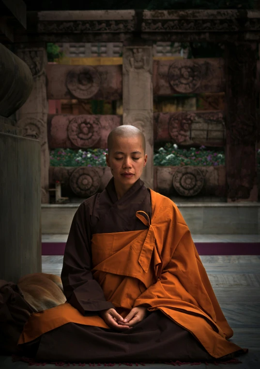 a person sitting on the ground with a dog, inspired by Li Di, wearing brown robes, **cinematic, buddhist temple, hbo