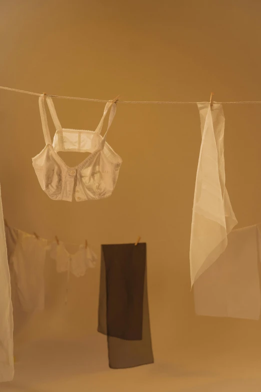 clothes hung from strings next to a brown bag