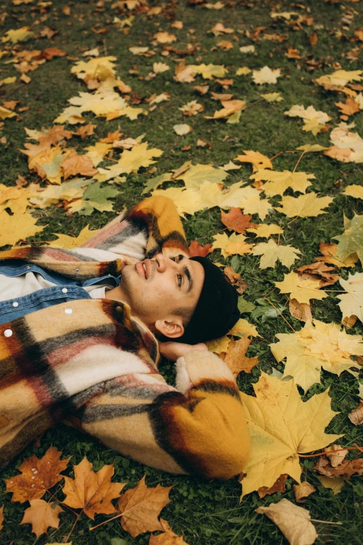 a man laying on top of a pile of leaves, an album cover, trending on pexels, patterned clothing, thoughtful, yellow carpeted, asian man