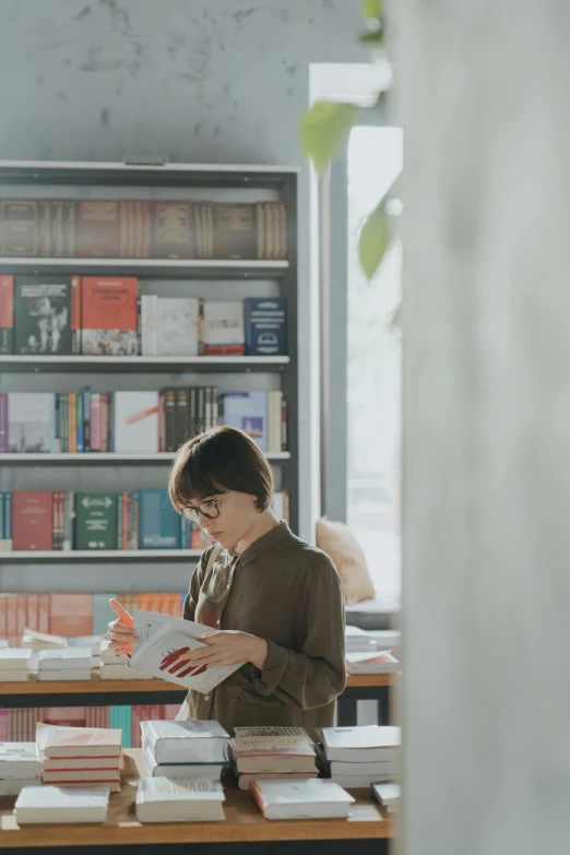 a woman reading a book in a library, by Jang Seung-eop, in the office, standing, premium quality, reddit post