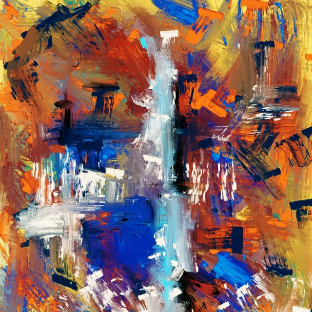 a painting of a fountain in the middle of a city, an abstract painting, orange and blue colors, digital art - n 9, oil canvas, digital art''