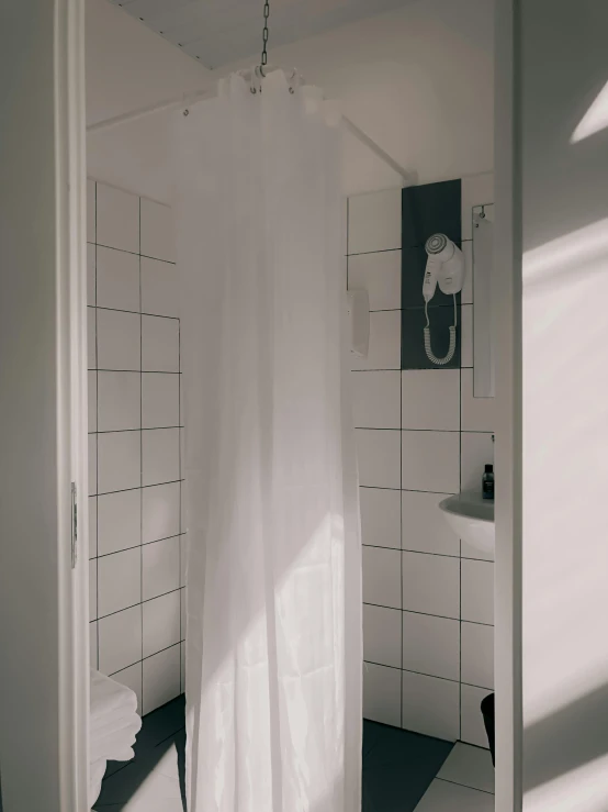 a bath room with a shower a toilet and a sink, by Christen Dalsgaard, trending on vsco, white transparent veil, tiles curtains, 15081959 21121991 01012000 4k