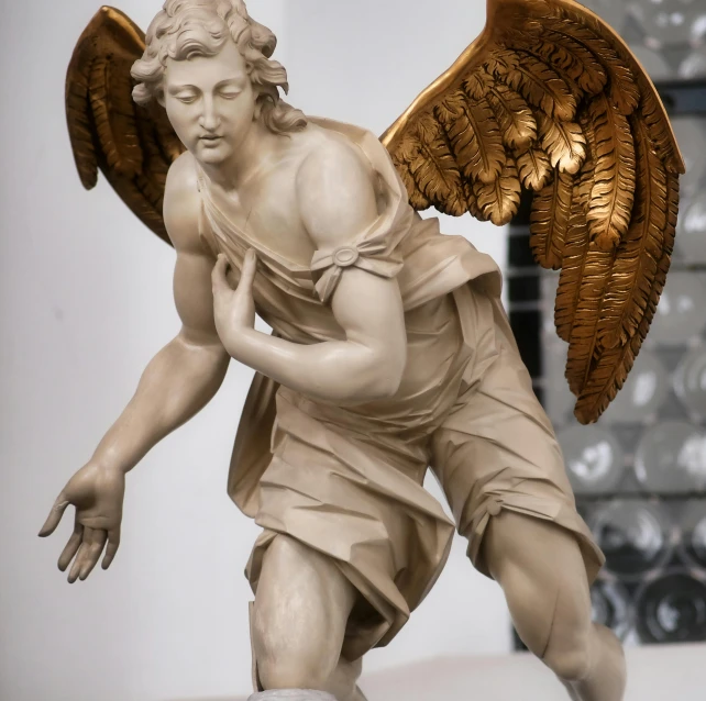 a close up of a statue of an angel, a statue, by Andrea del Verrocchio, pexels contest winner, baroque, fullbody view, kris kuksi, sojourn from overwatch, male aeromorph