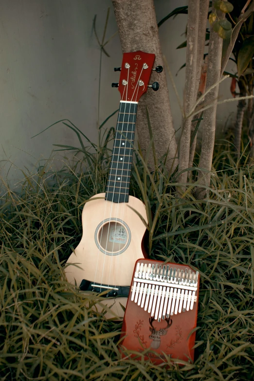 a white guitar sitting on top of a lush green field, in a bamboo forest, mini model, “the ultimate gigachad, and