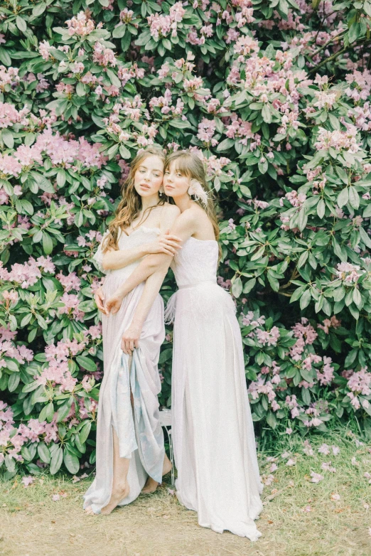 two women hugging each other in front of a bush of flowers, inspired by Oleg Oprisco, unsplash, wedding, 🎀 🧟 🍓 🧚, high quality upload, made of flowers
