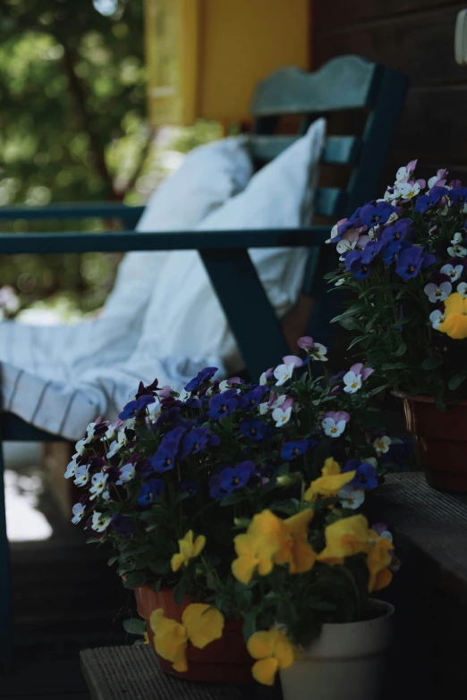 a chair sits next to some colorful flowers