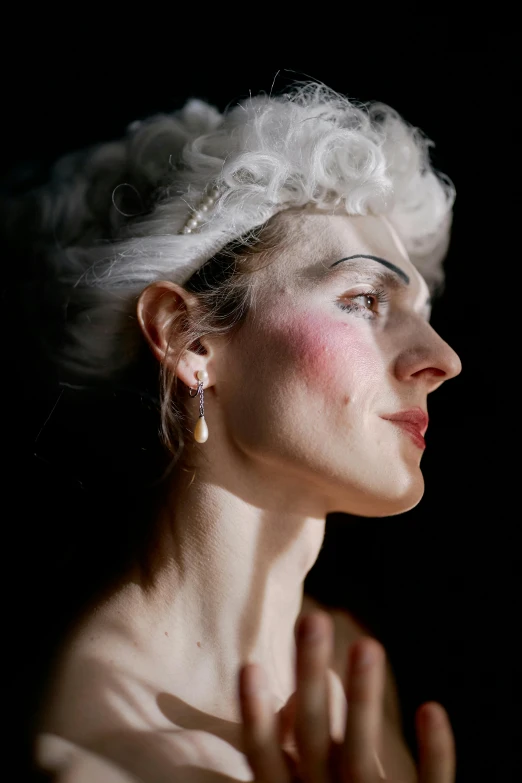 a close up of a woman with white hair, inspired by Adélaïde Labille-Guiard, rococo, transparent skin, portrait of circus artist, slide show, looking away from the camera