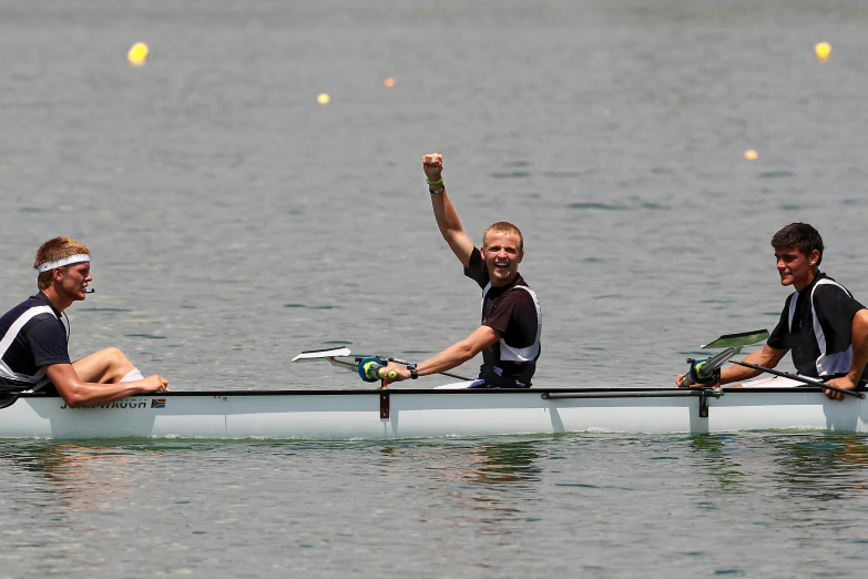 a group of men rowing across a body of water, hands in the air, szekely bertalan and lotz karoly, avatar image, no cropping