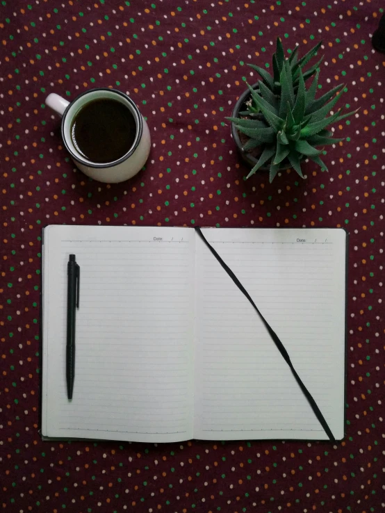 a notepad sitting on top of a table next to a cup of coffee, ((still life)), square lines, plants, promo image