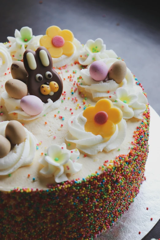a decorated cake sitting on top of a table, bunnies, sprinkles, belgium, no cropping