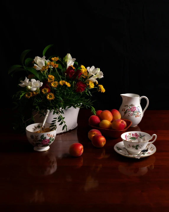 a vase of flowers sitting on top of a wooden table, a still life, inspired by Mary Beale, unsplash, teapots, peaches, square, high quality photo