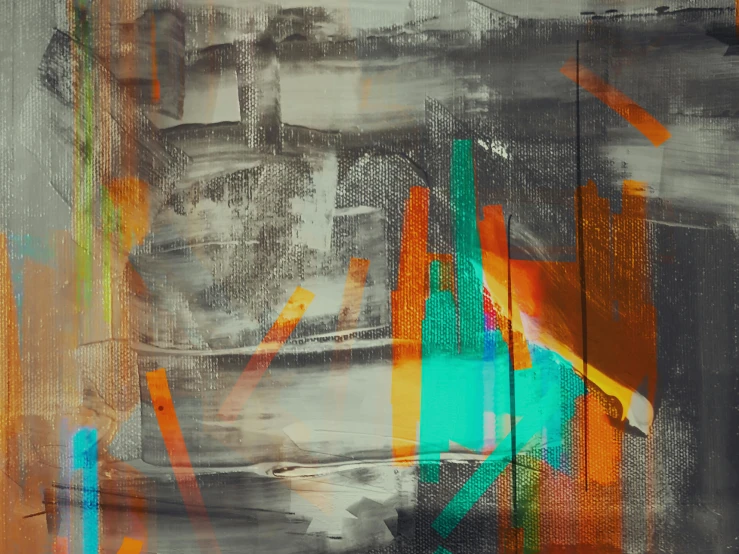 a close up of a painting on a wall, inspired by Richter, unsplash, orange and teal, digital glitches, on grey background, digital art''