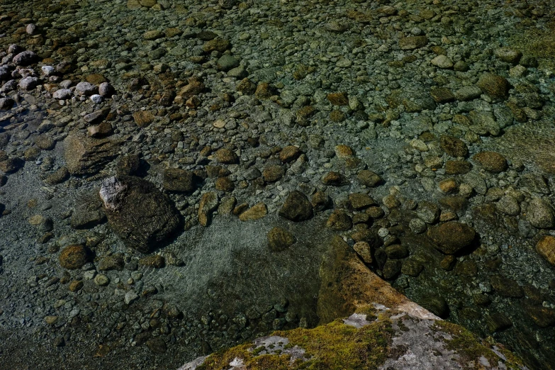 a body of water surrounded by rocks and grass, an album cover, inspired by Elsa Bleda, unsplash, land art, mossy ground, ((rocks)), whistler, 2000s photo